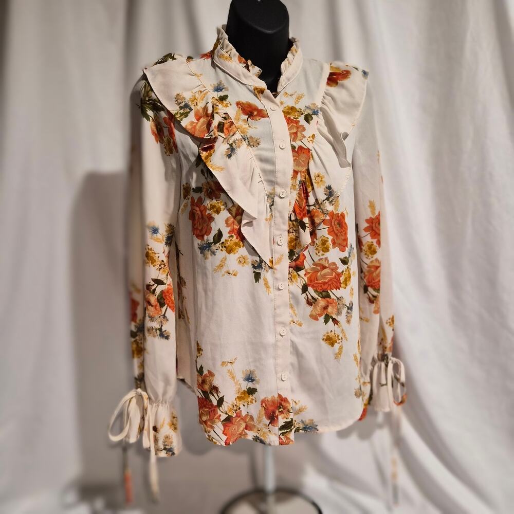Bleuh‎ Ciel Floral Ruffle Bib Victorian Blouse S Cottagecore Wrist Tie Top